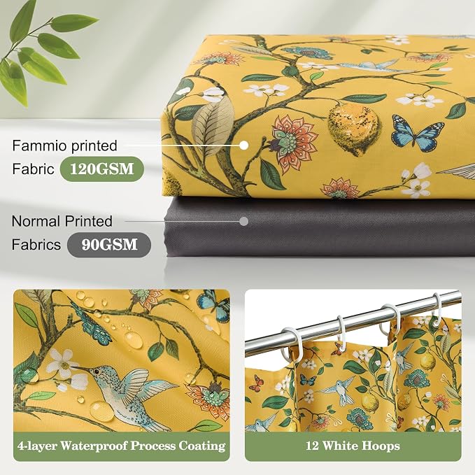 Yellow Floral Bird Shower Curtain 36x72, Hummingbird and Lemon Botanical Fabric Bath Curtains, Lightweight Quick-Dry Bathroom Decor Set with Hooks