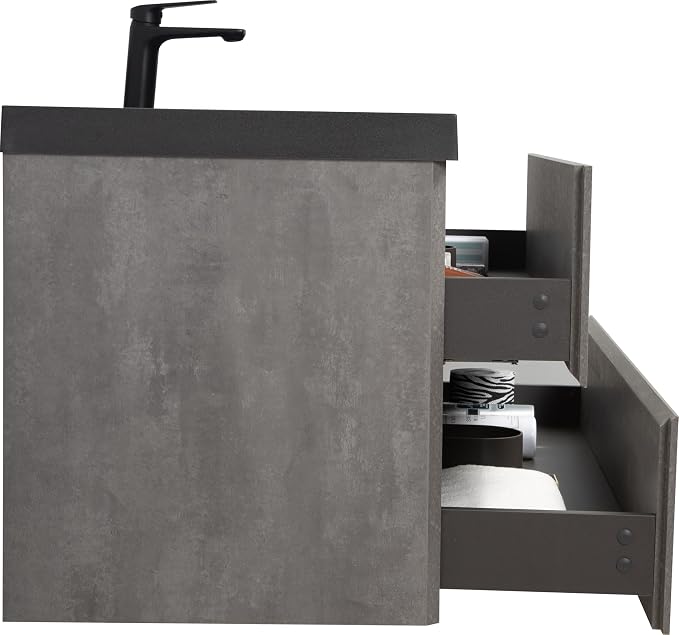 48" Floating Bathroom Vanity with Sink, Modern Wall-Mounted Bathroom Storage Vanity Cabinet with Two Black Quartz Sand Top Basins and Four Soft Close Drawers, Cement Grey