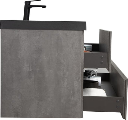 48" Floating Bathroom Vanity with Sink, Modern Wall-Mounted Bathroom Storage Vanity Cabinet with Two Black Quartz Sand Top Basins and Four Soft Close Drawers, Cement Grey