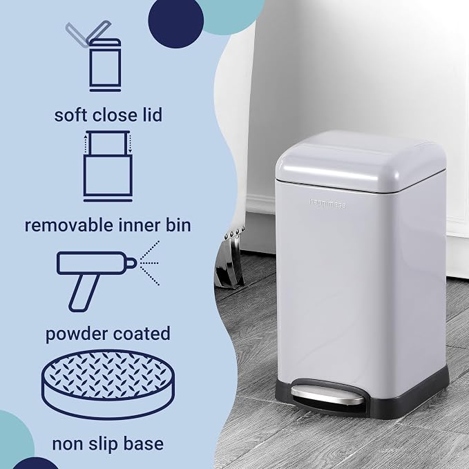 happimess Betty Retro Mini 3.2 Gal Step Trash Can, Gloss Gray | Soft-Close Lid, Removable Liner, Iron, Hands-Free Pedal, Non-Skid Base, Built-In Damper, Modern, Minimalistic