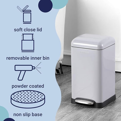 happimess Betty Retro Mini 3.2 Gal Step Trash Can, Gloss Gray | Soft-Close Lid, Removable Liner, Iron, Hands-Free Pedal, Non-Skid Base, Built-In Damper, Modern, Minimalistic