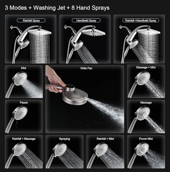 12" High Pressue Rain Shower Head with Handheld, 9 Sprays Hand Showerhead | Shower Heads with Handheld Spray Combo, Dual Head, Built-in Magnetic Docking, Power Jets, 59" Shower Hose, Nickel 1.8GPM
