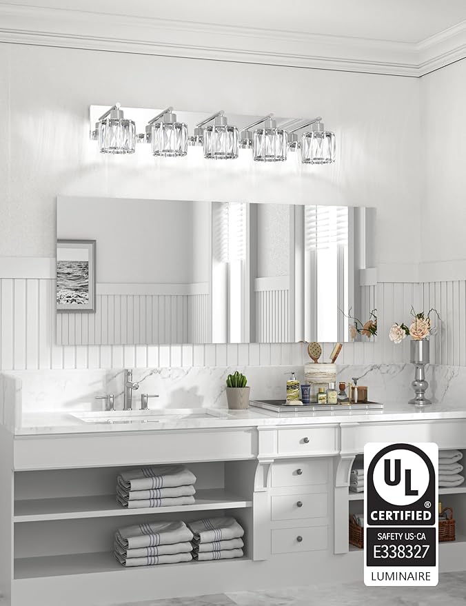 VOLISUN Crystal Vanity Lights - 5 Light Modern Stainless Steel & Chrome Bathroom Light Fixtures Over Mirror - UL Certificated (Exclude Bulb)