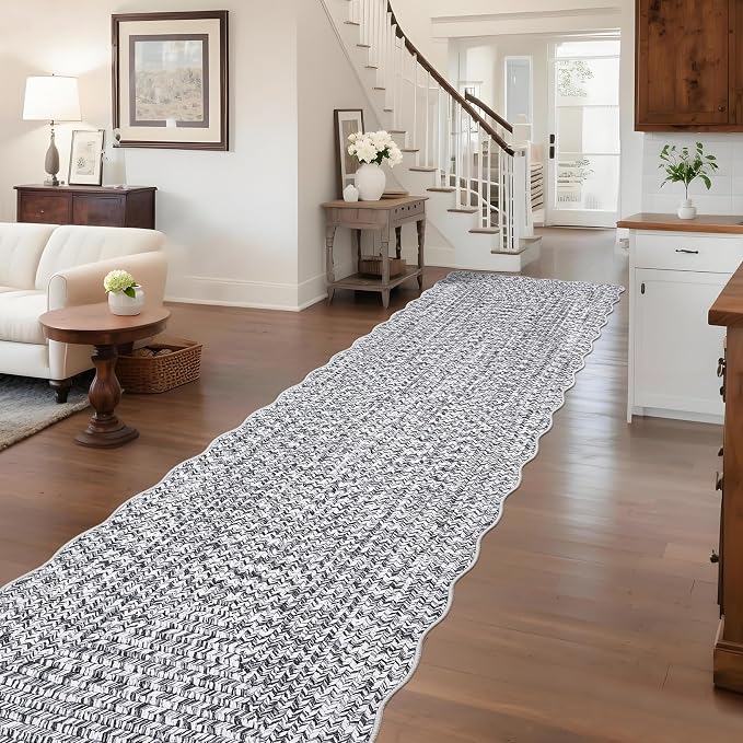 Imitation Braided Collection-Print Hallway Runners 2x10 Washable Area Rug, Farmhouse Rustic Area Rug with Non Slip Backing, Soft Low Pile Indoor Carpet Runners for Entryways, Laundry Room