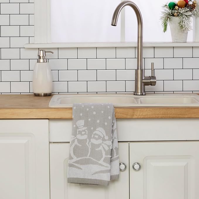 SKL Home Christmas/Winter Scenic Snowmen Hand Towel Set-2pc, Gray | 100% Cotton. 500 GSM. Soft & absorbent. Textured jacquard pattern. Great for the bathroom, kitchen or bar & holiday gift.