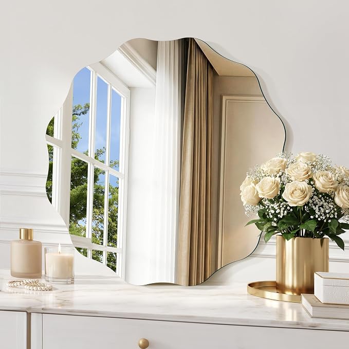 CILIBER Wavy Mirror for Wall, 18'' Scalloped Frameless Round Mirror, 3mm Tempered Glass Decorative Bathroom Vanity Mirror, Mounting/Leaning for Mantel, Living Room, Bedroom and Entryway