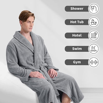 Men's Shawl Collar Bathrobe, Soft Long Towel Robe for Men - Super Absorbent Quick Dry yet Warm