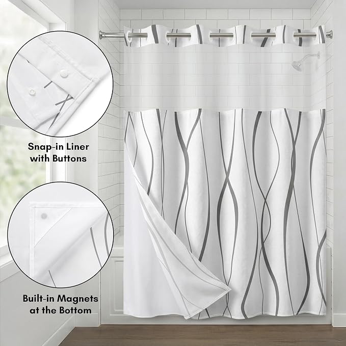 Americanflat 72x75 Hookless Shower Curtain - Water-Resistant Soft Waves Shower Curtain with Sheer Panel, Snap-in Liner, and Durable Grommets - 100% Polyester - Black and White