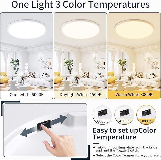 MOONSEA 16 Inch Flush Mount Ceiling Light Fixture 28W - Dimmable 3000K/4500K/6000K Selectable Kitchen Light Fixtures 2800lm, Round Lights Fixture Ceiling Mount for Bathroom, Hallway, Bedroom, White