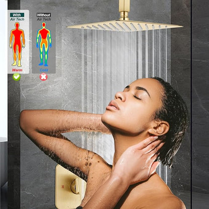 Heyalan 12-Inch Ceiling Mount Shower Faucet Set with Valve, Brushed Gold | Rainfall shower head, ceiling-mount design, SUS304 steel, adjustable angle, single-handle control