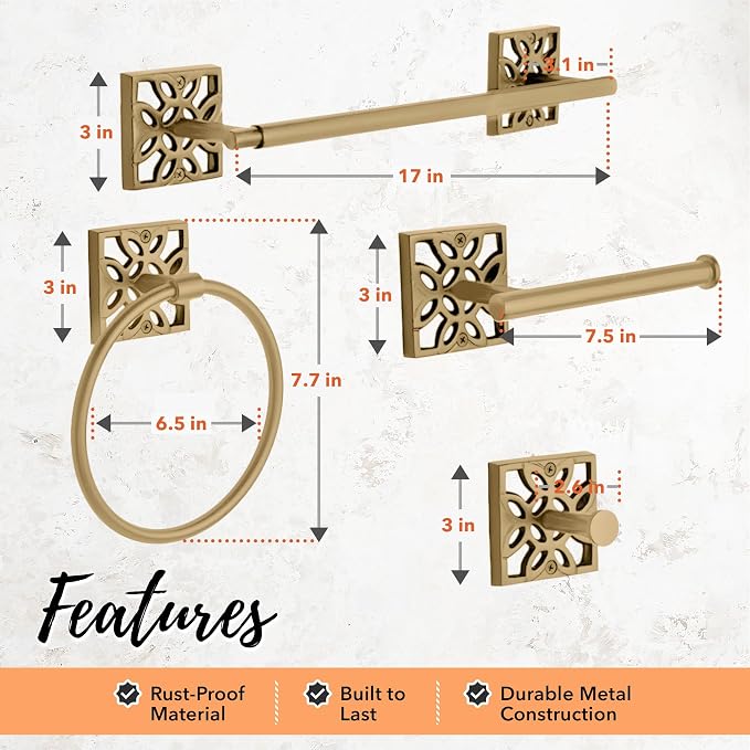 Autumn Alley 5-Piece Bathroom Hardware Set – Antique Gold (Muted, Brushed Finish – Not Shiny), Wall Mounted Towel Bar, Towel Ring, Toilet Paper Holder & Robe Hooks, Bathroom Accessories Set Complete