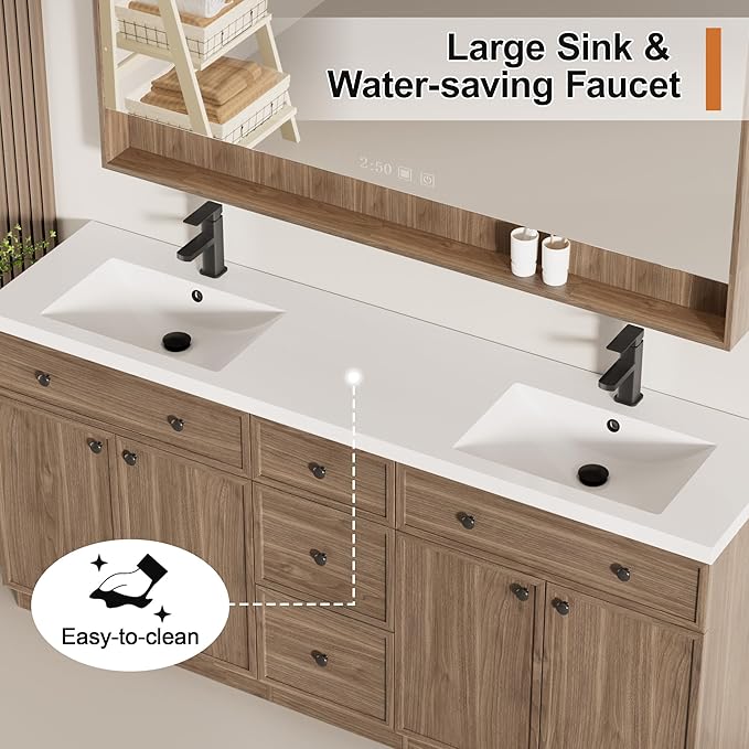LUCKWIND 72" Bathroom Vanity Sink Combo, Modern Bathroom Cabinet with Double Undermount Solid Surface Vanity Sink, Soft-Close Hinges & Water-Saving Faucet, Taupe