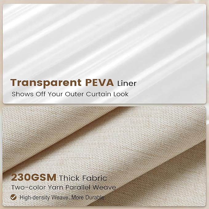 BTTN 3 in 1 Shower Curtain Set, Cream Linen Textured Fabric Shower Curtain and Clear Liner Set with Plastic Hook, Modern Hotel Luxury Weighted Waterproof Shower Curtain for Bathroom, Beige, 72x72