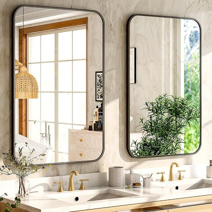 Easly 30 x 40 Inch Bathroom Mirror, Rounded Rectangular Vanity Mirror for Wall, Modern Mirror for Room Decor, Black Framed Wall-Mounted Mirrors for Home Decor, Hangs Horizontally or Vertically