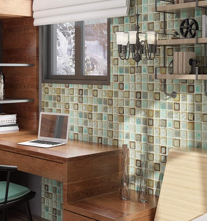 Livelynine Waterproof Wallpaper Peel and Stick Contact Paper Sage Green 15.8x394 Mosaic Tile Bathroom Wallpaper Stick on Vinyl Wrap Self Adhesive Wall Paper Roll for Kitchen Backsplash Shower