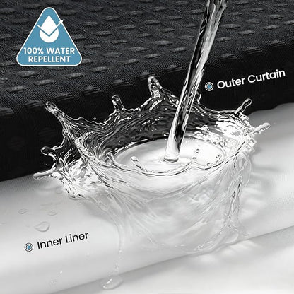 EUTXL Heavyweight No Hook Shower Curtain with Liner, Black,71x80 | Snap in Liner, 256GSM Thick Waffle Fabric, Hotel Luxury Spa, Corner Magnets, Quick Dry, Waterproof & Washable, Long Size