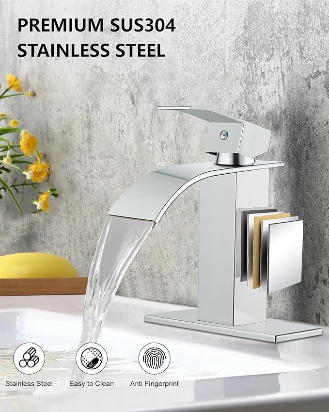 Midanya Waterfall Spout Bathroom Faucet Single Handle 1 Hole Bathroom Sink Faucet,Modern RV Lavatory Vanity Basin Tap with Water Hose,No Drain,Short Body,Polish Chrome