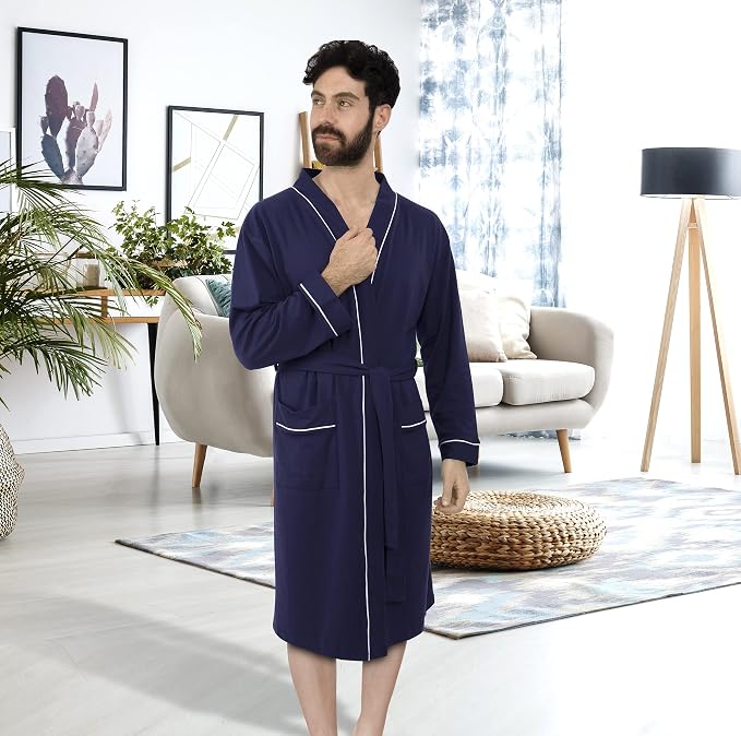 Cotton Blend Lightweight Knit Robe for Men Soft Loungewear Bathrobe