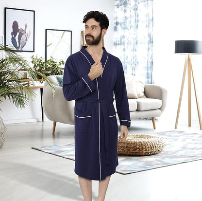 Cotton Blend Lightweight Knit Robe for Men Soft Loungewear Bathrobe