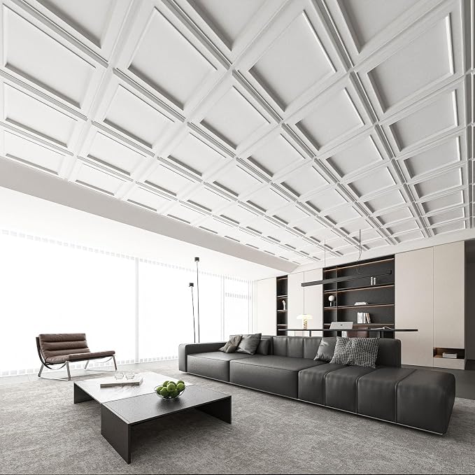WOWSTAR 12-Pack 24"x24" Drop Ceiling Tiles, Waterproof Glue up Ceiling Panels, Modern Style 3D Wall Panels, White | PVC ceiling panels, 24"x24", waterproof, glue-up install, basement kitchen bathroom, 12-pack, set D