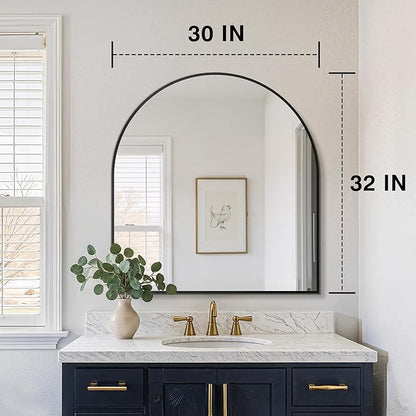 FICTOR Bathroom Vanity Mirror for Wall,32”x30” Arched Metal Framed Bathroom Mirror for Over Sink,Entryway,Living Room,Bedroom(Black)