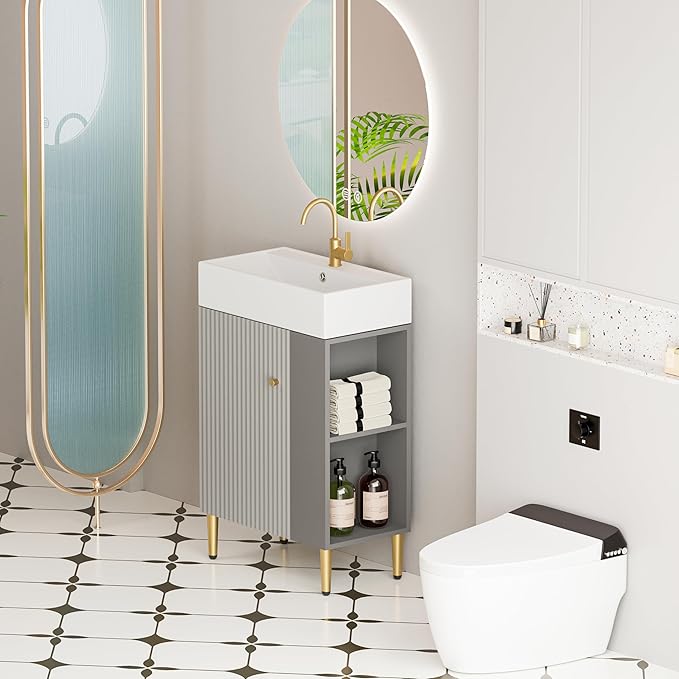 Merax 21.6" Small Bathroom Vanity with Sink Narrow Depth Bathroom Vanities,Wood Vanity Cabinet,Soft Closing Door,Freestanding Sink Cabinet W/Open Side Shelves,Gray