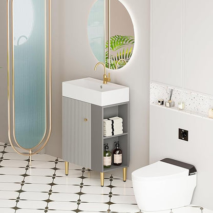 Merax 21.6" Small Bathroom Vanity with Sink Narrow Depth Bathroom Vanities,Wood Vanity Cabinet,Soft Closing Door,Freestanding Sink Cabinet W/Open Side Shelves,Gray