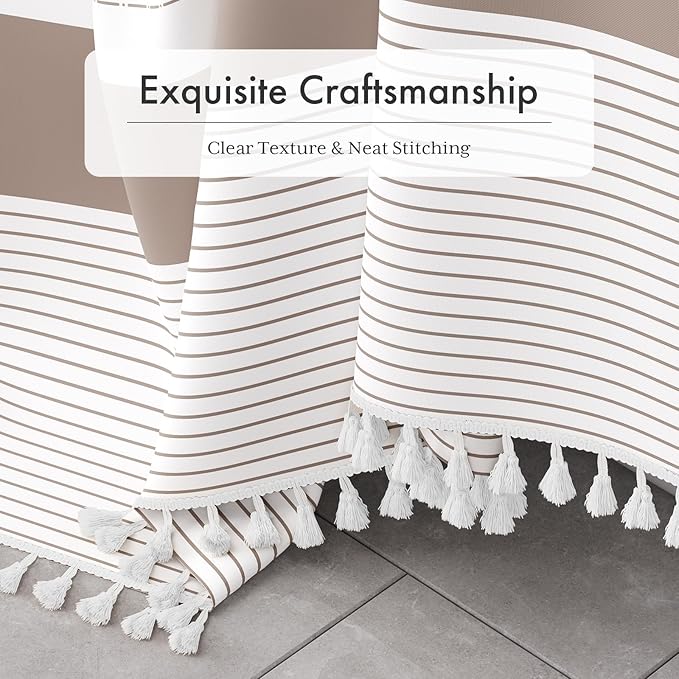 AmazerBath Boho Shower Curtain Set, Rustic Faux Linen Pink Striped Shower Curtain with Hooks, Modern Farmhouse Shower Curtain with Tassels, White Base Toned, 72x72 Inches