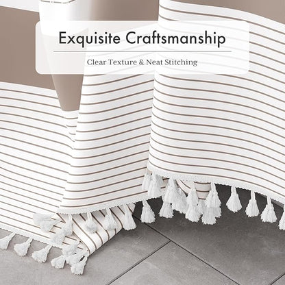 AmazerBath Boho Shower Curtain Set, Rustic Faux Linen Pink Striped Shower Curtain with Hooks, Modern Farmhouse Shower Curtain with Tassels, White Base Toned, 72x72 Inches