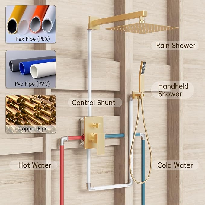 Gold Shower System, Shower Faucet Set with 10" Rain Shower head | All Metal Bathroom Wall Mounted High Pressure Shower head with handheld Combo Set Included Valve and Trim kit