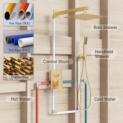 Gold Shower System, Shower Faucet Set with 10" Rain Shower head | All Metal Bathroom Wall Mounted High Pressure Shower head with handheld Combo Set Included Valve and Trim kit