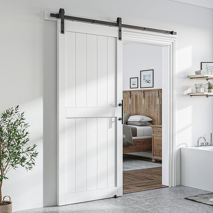 SMARTSTANDARD 36" x 80" White Sliding Barn Door with 6.6FT Black Hardware | Pre-Drilled Ready to Assemble, Waterproof PVC Coating, H-Frame
