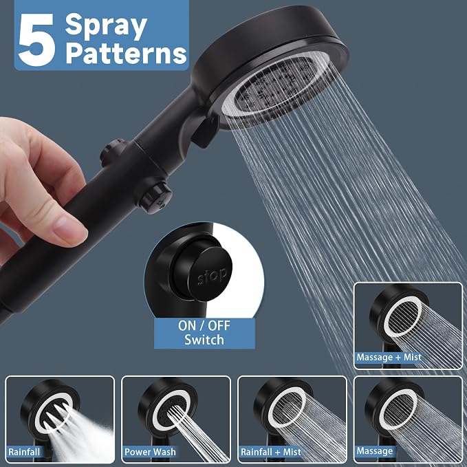 5+1 Mode High Pressure Replacement Black RV Shower Head with Hose | On/Off Switch, Water Saving Motorhome Shower Head for RV/Campervan, Caravan