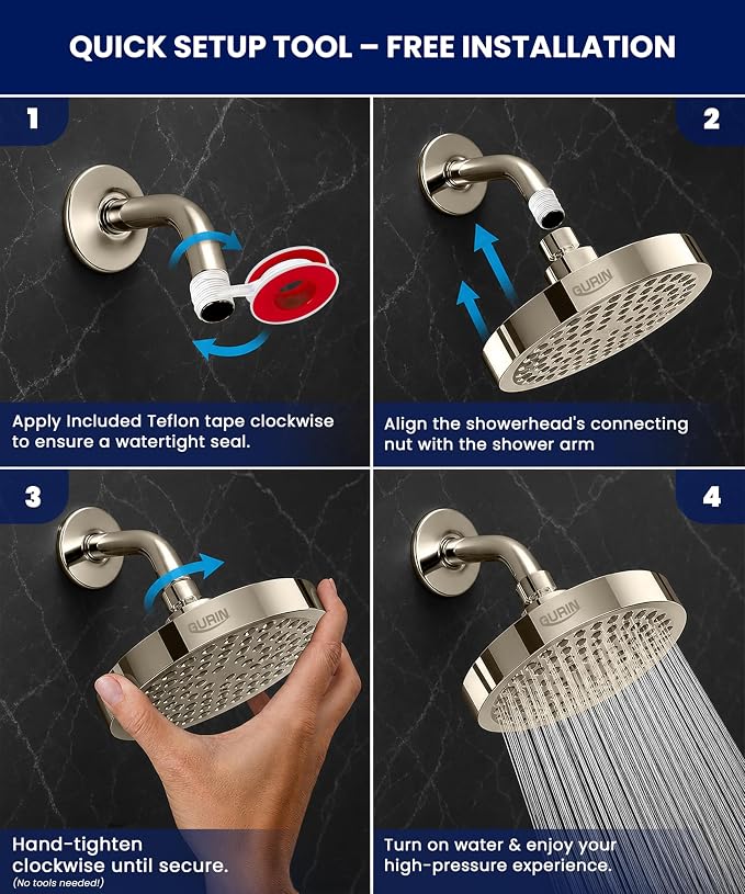 GURIN Shower Head - Luxury Brushed Nickel Finish - Rain Showerhead 6 Inch | High Pressure Shower Heads with Adjustable Angles, 90 Anti-Clog Nozzles, Tool-Free 1-Min Install