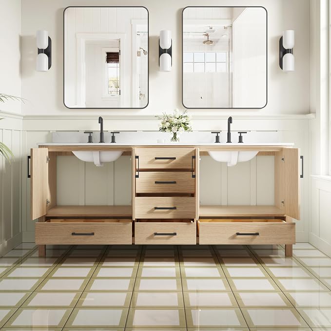 80-Inch Bathroom Vanity with Sink, 4 Soft-Close Doors and 6 Soft-Close Drawers, Bathroom Freestanding Vanity with Cultured Marble Countertop, Oak Vanity with Matte Black Handles