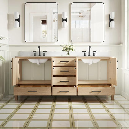 80-Inch Bathroom Vanity with Sink, 4 Soft-Close Doors and 6 Soft-Close Drawers, Bathroom Freestanding Vanity with Cultured Marble Countertop, Oak Vanity with Matte Black Handles