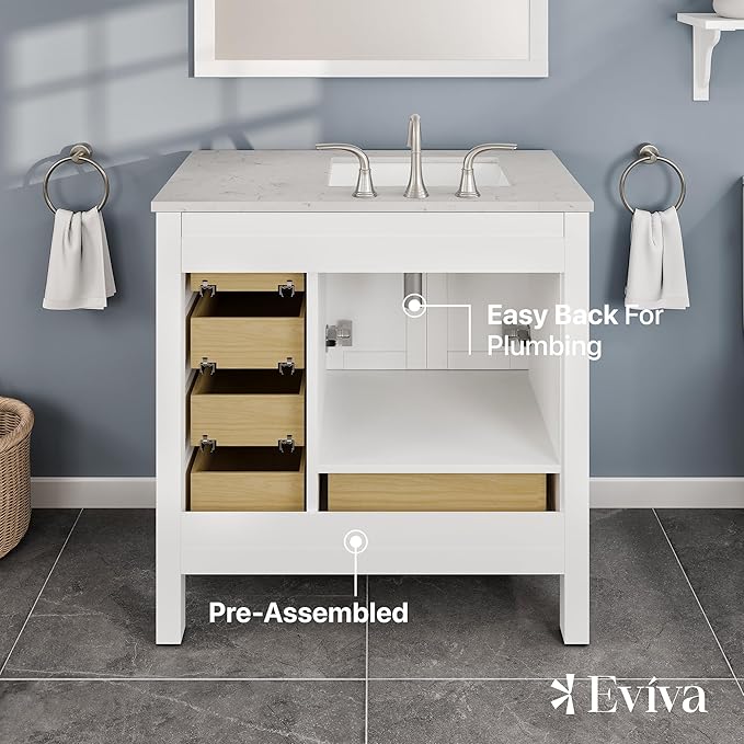 Eviva Aberdeen 36 in. White Single Sink Bath Vanity with Carrara Quartz Top and Undermount Porcelain Sink