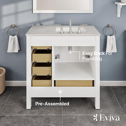 Eviva Aberdeen 36 in. White Single Sink Bath Vanity with Carrara Quartz Top and Undermount Porcelain Sink