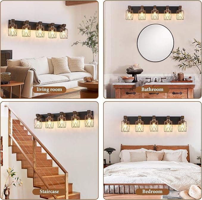 5-Light Black Gold Farmhouse Vanity Light, Wood & Metal Cage Shade | Mounted Over Mirror, Industrial Rustic Style, Ideal for Bathroom, Bedroom, Hallway & Living Room, Easy To Install