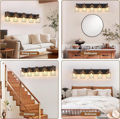 5-Light Black Gold Farmhouse Vanity Light, Wood & Metal Cage Shade | Mounted Over Mirror, Industrial Rustic Style, Ideal for Bathroom, Bedroom, Hallway & Living Room, Easy To Install