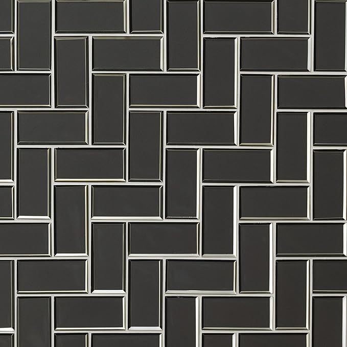 MSI Metallic Gray Bevel Herringbone Glass Tile for Kitchen Backsplash, Wall Tile for Bathroom, Accent Wall Tile, and Shower Wall Tile 13.86 in. x 11.08 in. Mesh-Mounted Mosaic Tile (10.6 sq. ft./case)