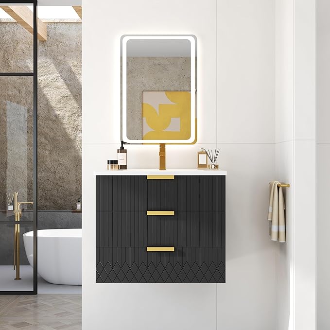 24 Inch Bathroom Vanity with Sink, Wall Mounted Bathroom Storage Cabinet with 2 Drawers, Floating Bathroom Vanities with Decor Line