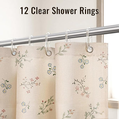 Farmhouse Floral Shower Curtain with 12 Clear Rings 72" W x 72" L | Boho Fabric Faux Linen Shower Curtain Set, Vintage Cottagecore Shower Curtain for Bathroom