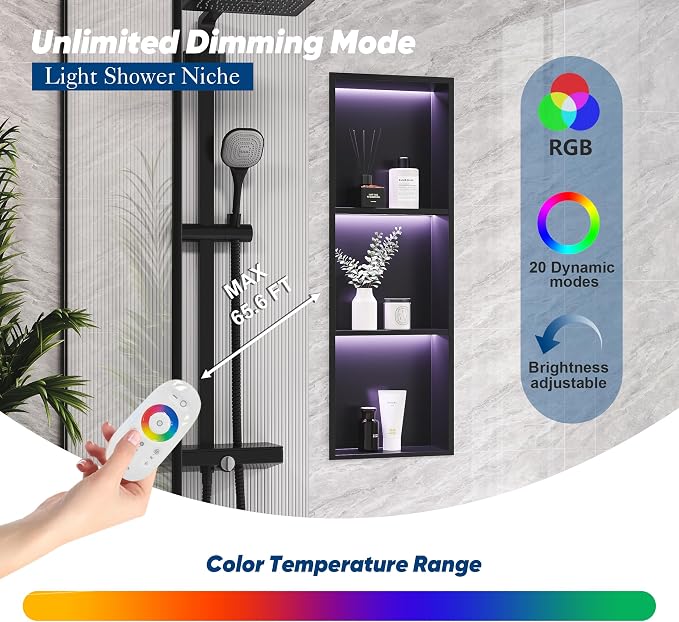 3-Tiers 12x36Inch Wall Niche with RGB LED Light Strips, Matte Black Shower Niche Shelf Cabinet, Stainless Steel Bathroom Shelf, NO Tile Needed Recessed Waterproof Storage Organizer