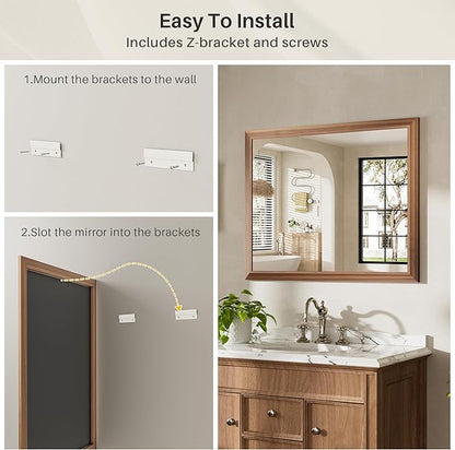 72x32 Inch Bathroom Mirror for Wall, Anti-Rust Walnut Wood Grain Metal Framed Bathroom Mirrors for Over Sink,Rectangler Mirrors for Bathroom Vanity, Farmhouse, Bedroom, Living Room, Entryway Decor