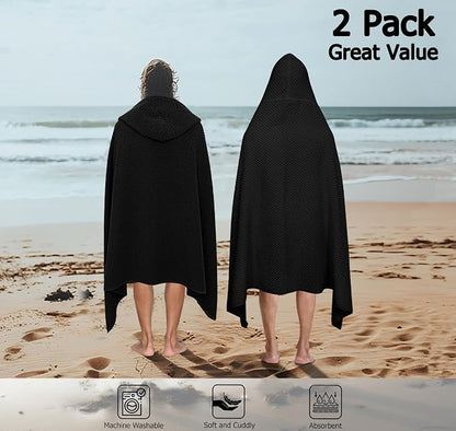COTTON CRAFT Hooded Bath Towel for Adults – 2 Pack 100% Cotton Bath Sheet | Waffle Weave Oversized 35x70 inch Ringspun Terry Bath Wrap with a hood - Soft Super Absorbent Quick Dry – 450 GSM – Black