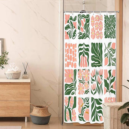 JAWO Retro Floral Shower Curtain Cute Vintage Boho Shower Curtains for Bathroom Decor Pink Green Botanical Geometric Groovy Aesthetic Abstract Flowers Pattern Shower Curtain Sets with Hooks, 36X72IN