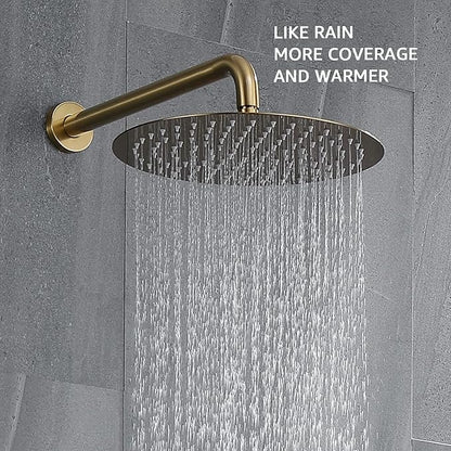 Shower System, Brushed Gold Shower Faucet Set Contain High Pressure 12 inch Round Rain Shower Head with Handheld, Wall Mounted Golden Brush Rainfall Shower Mixer Combo Set for Bathroom