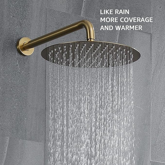 Shower System, Brushed Gold Shower Faucet Set Contain High Pressure 12 inch Round Rain Shower Head with Handheld, Wall Mounted Golden Brush Rainfall Shower Mixer Combo Set for Bathroom