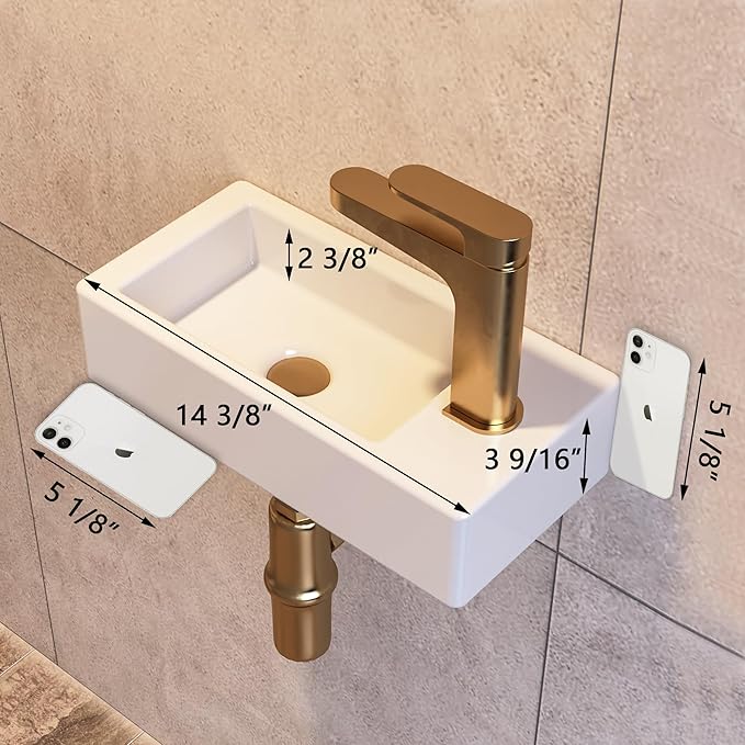 DeerValley DV-1V081RA Wall Mount Sink, Mini Rectangle Bathroom Sink, Small Bathroom Cloakroom White Ceramic Wash Basin without Overflow(Right Hand)